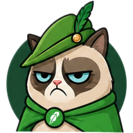 Illustrated Grumpy Cat in Robin Hood cape on green circle