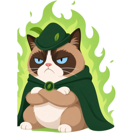 Illustrated Grumpy Cat with arms crossed in green flames
