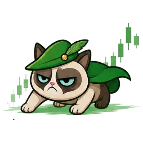 Illustrated Grumpy Cat crouched over candlestick charts
